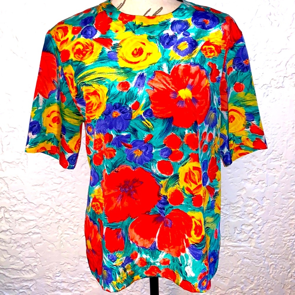 🦋Vintage Bright Bold Floral Short Sleeve Blouse